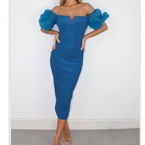 Blue Organza Sleeve Bandage Midi Dress